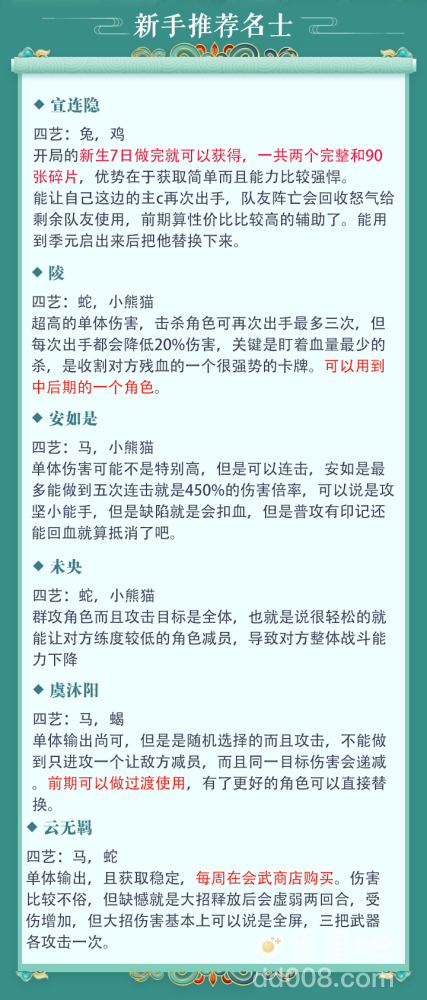 《花亦山心之月》新手名士推荐建议攻略